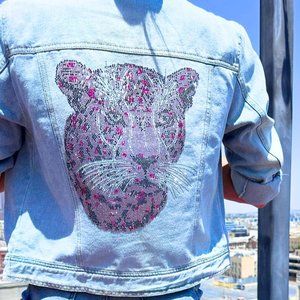Cropped Pink Panther Jean Jacket Women's Sz S-XL Blue Beaded Long Sleeve